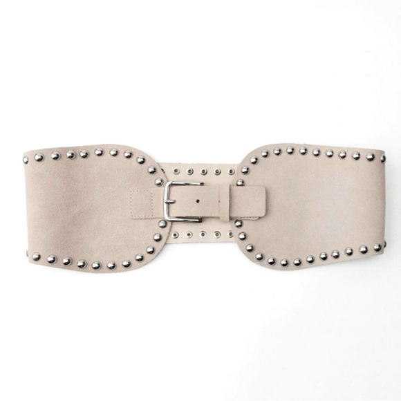 Zara Accessories - NWOT. Zara Ecru Leather Studded Sash Belt. Size 34.
